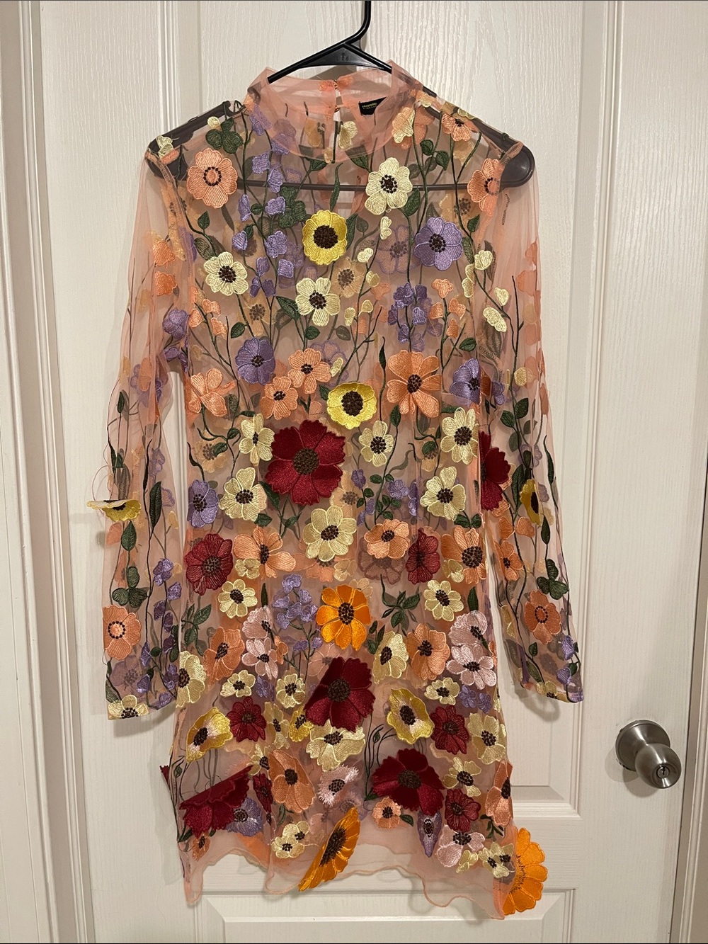 Finesse Sheer Floral Embroidered Dress in Peach, Red, Lavender, Yellow